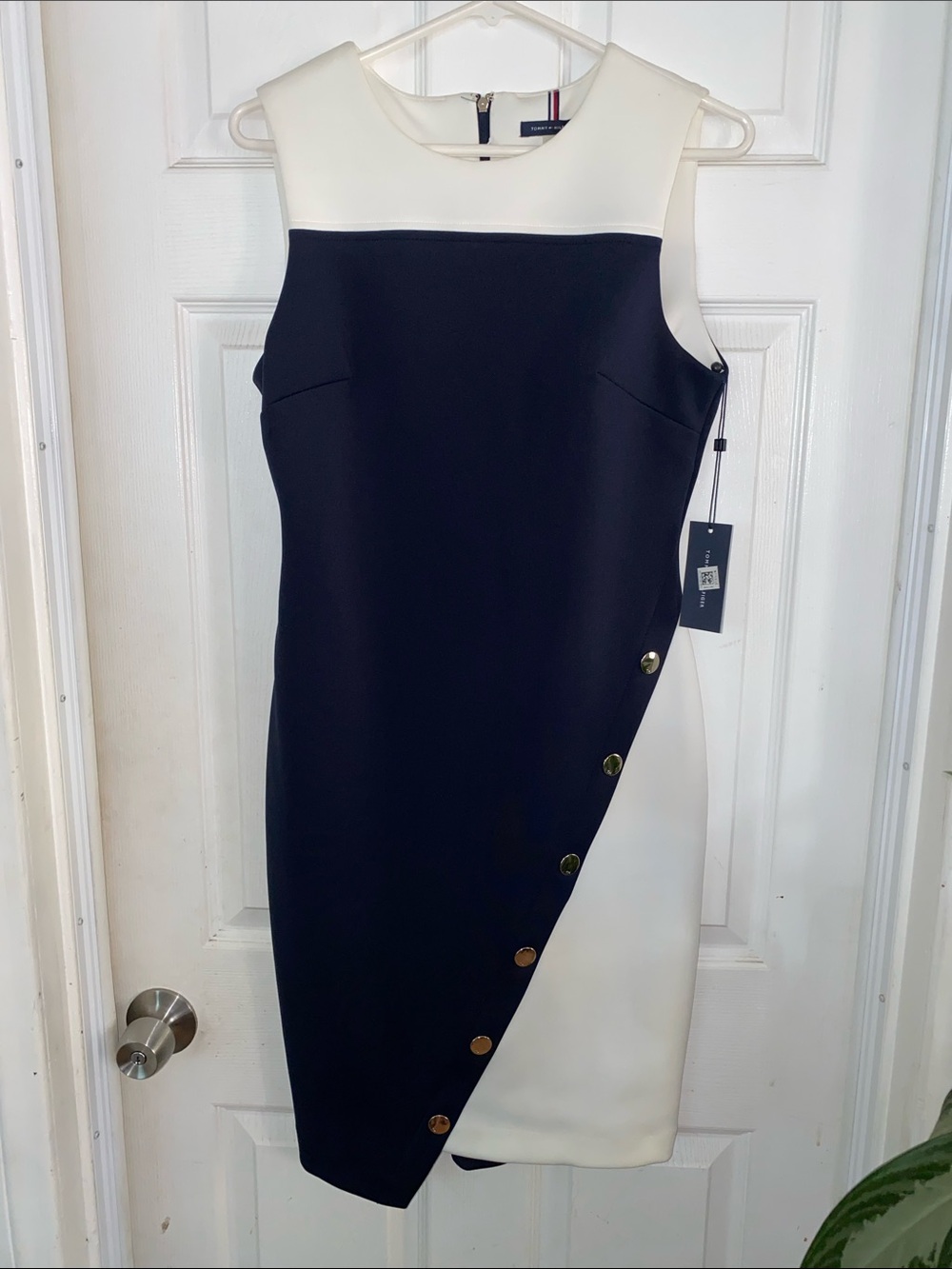 Tommy Hilfiger Navy and White Asymmetric Button Pencil Skirt